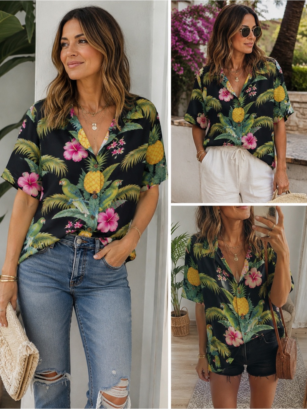 Tommy Bahama Black Tropical Pineapple & Hibiscus Button-Down Shirt